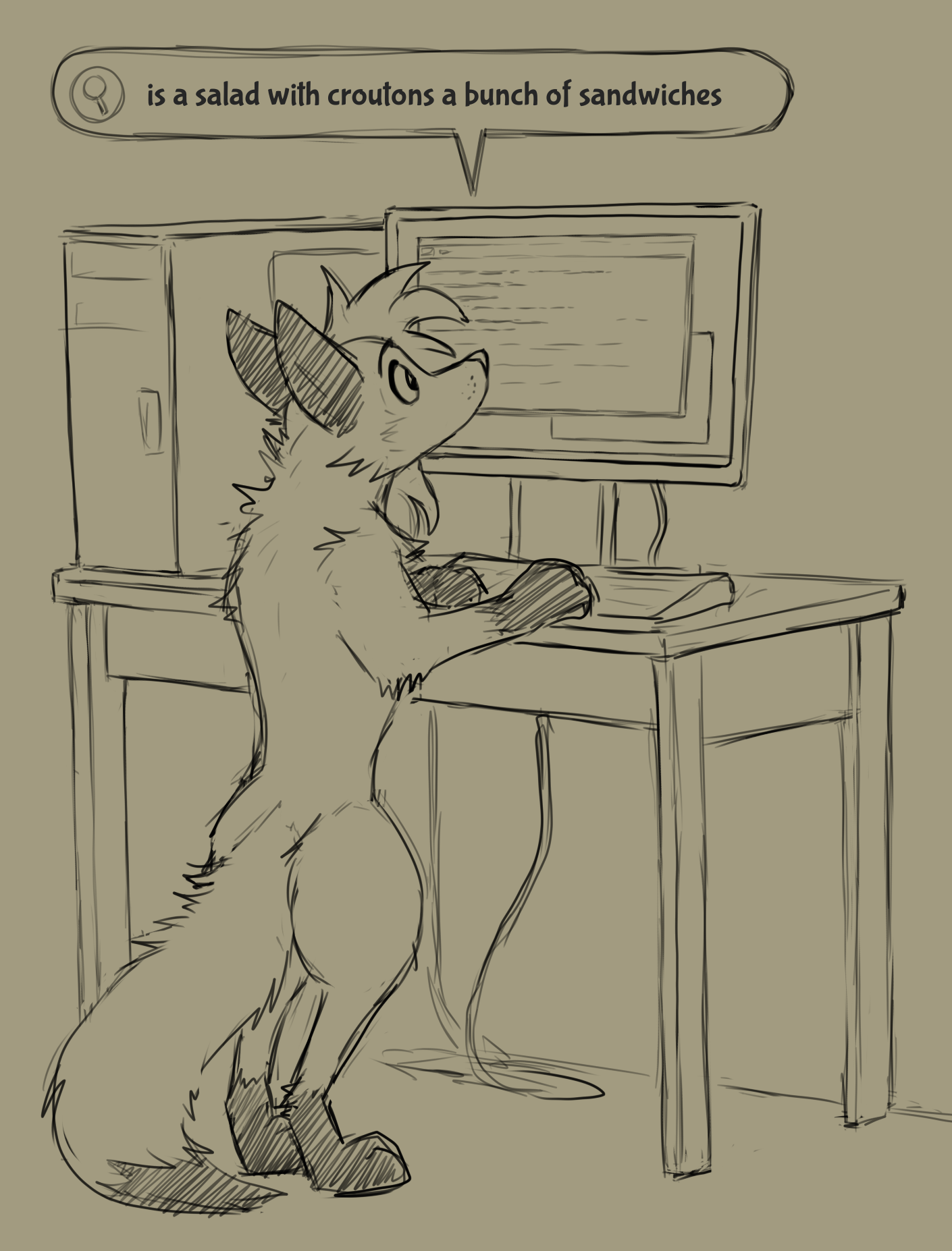 Lennox, a fox in feral form, stands up at a computer desk, typing at the keyboard. He searches the internet for the query: "is a salad with croutons a bunch of sandwiches"